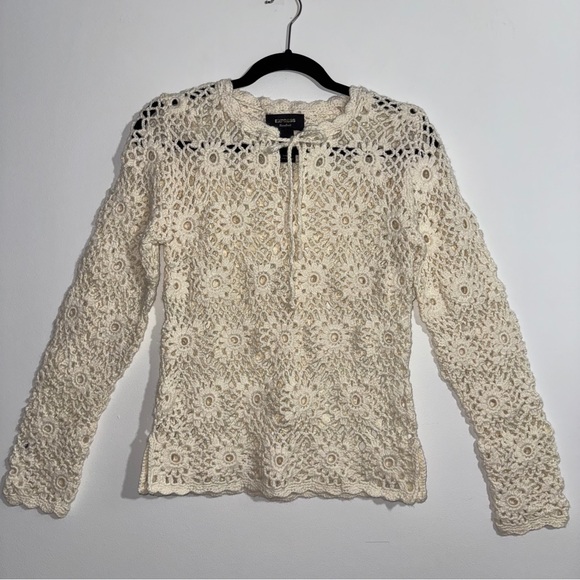Express Tops - Boho Crochet Floral Knit Sweater Cream Handknit by Express‎ Size Small
